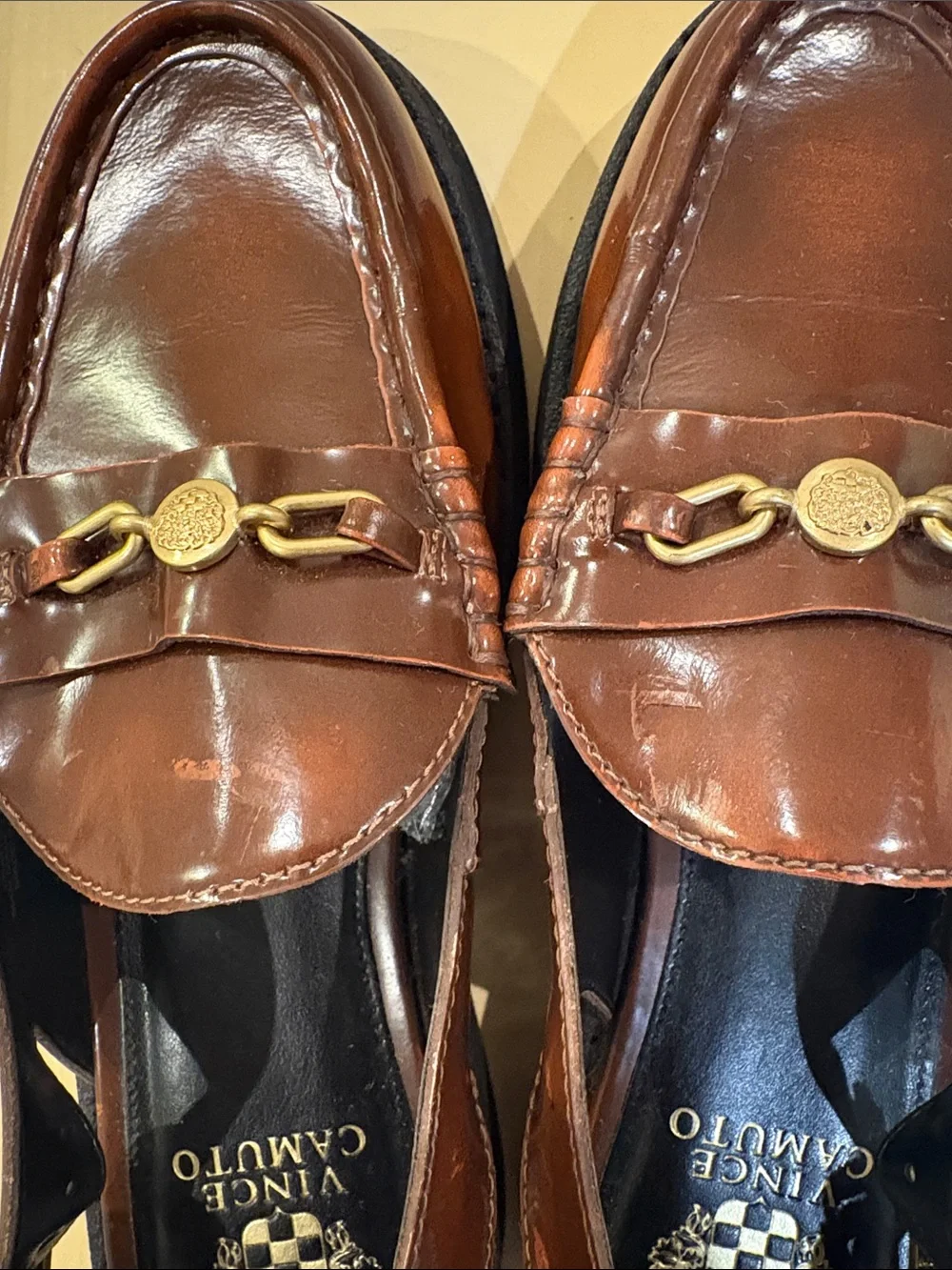 Vince Camuto Men's Brown Leather Loafer with Gold Chain Accent